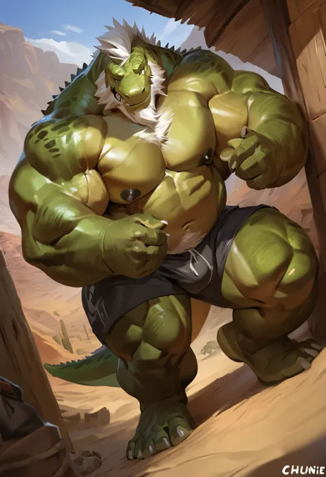 cursedmarked,darkgem, lindong, taran fiddler, zoroj, chunie, solo, 1boy, huge muscular furry (green lizard), old man, shorts, perfect hand, perfect finger, desert, huge shoulder muscle, nipples, shirtless, muscle, strong man, huge muscle, short hair, beard...