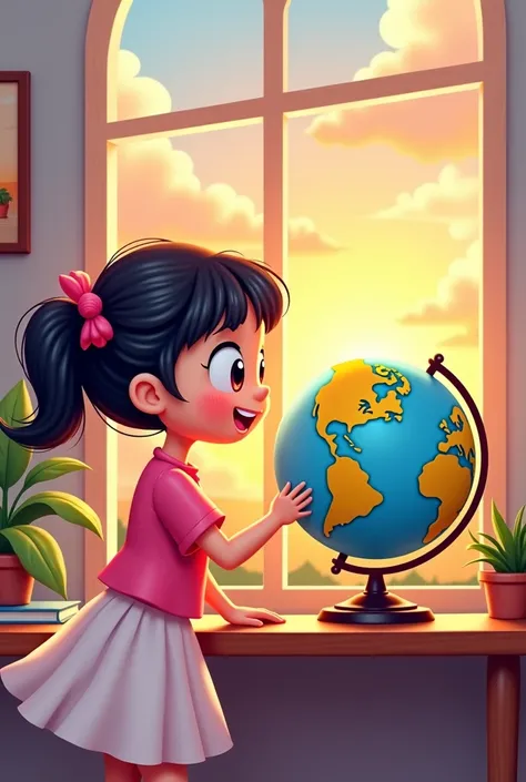 Create this cartoon-style girl looking at a terraced globe on her desk and behind it there is a window and she watches a beautiful sunset. The girl wears a pink shirt and a white skirt  