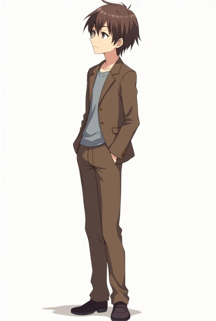 White background. A young japanese man with cute face and a bit short, have brown messy hair, brown blazer with a grey shirt inside, long pants, a shoes. His direction is to left side. Anime style. Clear image