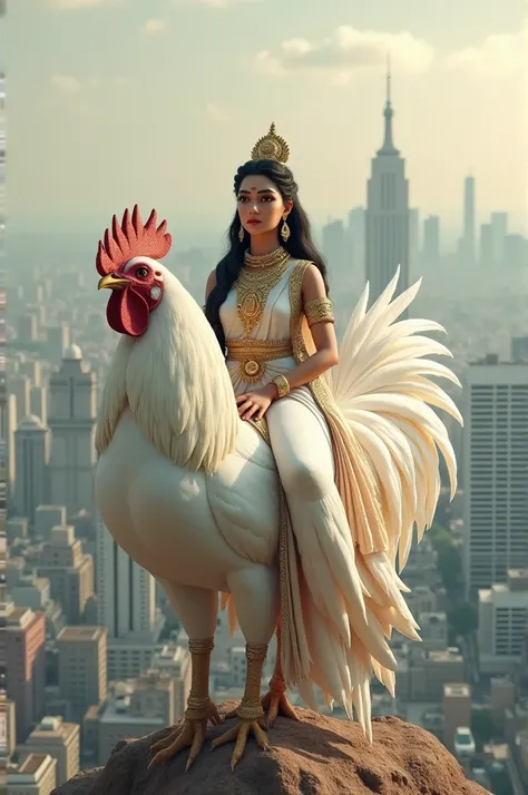 A goddess is sitting on a white rooster and the background is of a big city and the goddess is full saree and full blouse costume in 3D 