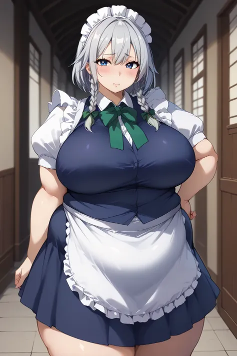  Sixteen Night Sakaki Night ,Sakuya Izayoi,  shortcuts、 braids, maid clothes、Navy blue clothes,White ruffle sleeves,Short sleeve,unexposed breasts, navy blue ruffle skirt、 miniskirt,white ruffle apron , blue eyes、 silver hair、 Western-style hallway 、Wester...