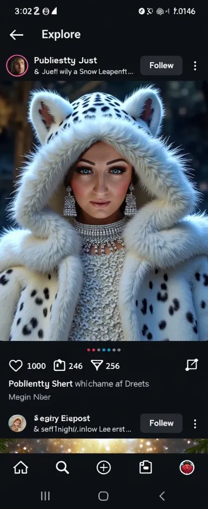 A realistic, detailed portrait of a woman blsck long hair with piercing green eyes and flawless skin, wearing a luxurious white fur hood with snow leopard patterns. She is holding a majestic snow leopard close to her, their expressions calm and regal. The ...