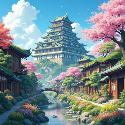  A stunning digital illustration ,  rich in detail and very beautiful ,  representing a medieval Japanese city with a unique and harmonious aesthetic .  The scene is a panoramic view of the city ,  seen from an elevation ,  with the huge castle in the cent...