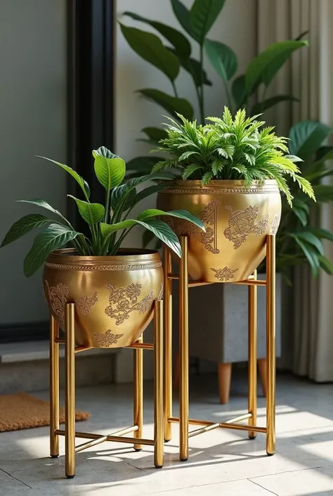 Create 6 different images including infographic image of golden finish Iron planter set with stand size is 1000px × 1000px