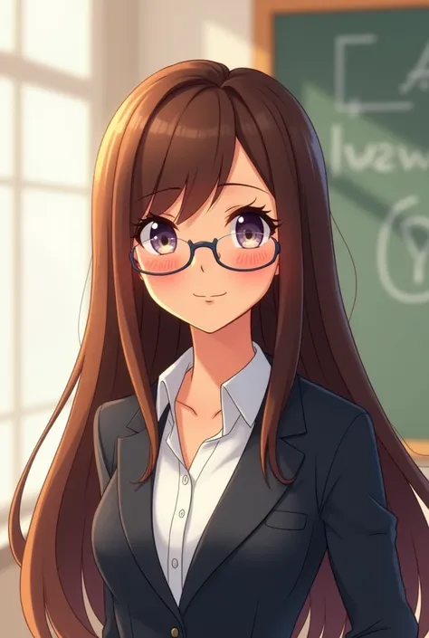 Teacher animated with clear shades, straight and longbrown hair 