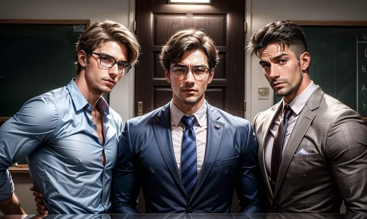 realistic, three men orientated in the very middle of the picture. three gorgeous adult male school-teachers standing close clustered together who have very different appearances. Math teacher, English teacher, Sports teacher. standing close together at sc...