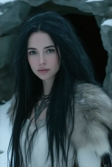 Cave girl, beautiful face, very long black hair, dark brown bearskin clothing, prehistoric, deep winter, snow, cave entrance in background, bokeh, high detail, masterpiece.
