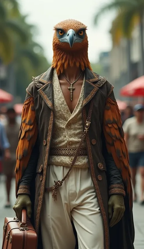 An ultra-realistic 8K close-up of a hybrid creature with the head of a Philippine eagle and the body of a human. The eagles sharp, focused eyes exude leadership and determination. The figure wears a Barong Tagalog with delicate embroidery, holding an elega...