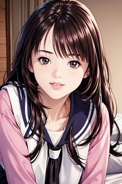 (8K, top-quality, ​masterpiece:1.2), (realistic, ultra-detail, super high resolution, beautiful detailed face, perfect body), (1girl, black long hair), (school uniform, sailor suit, purple very thin Transparent shirt, navy skirt, white tie), in European lu...