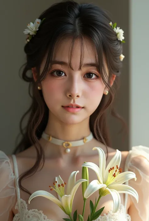 A pretty teen girl, realistic, smile, pale white skin, silk smooth dark brown hair, wearing a princess lolita dress, holding Lilly flowers, high quality, ultra-detailed, masterpiece, cinematic lighting, vibrant colors, photorealistic, intricate details, be...