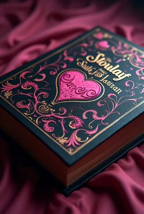 A black and pink book with hearts and the story of Soulaf and Hassan written in it. 