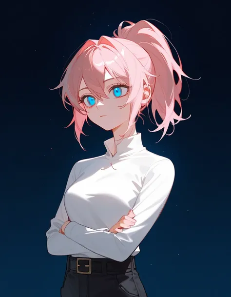 girl,Tan,Light pink hair,  in blue eyes ,ทำหน้าตาPatient  ,  dark circles under eyes , ponytail, Killer shirt  ,  full torso belt,  medium chest,  square arms  ,  Trousers, Focus on the face,cough,Focus on the eyes,Dark rims ,Patient ,Exhaustion 