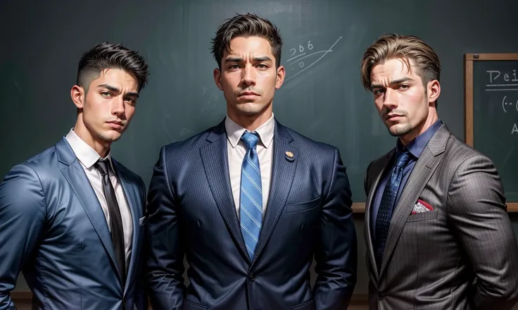 realistic, three men orientated in the very middle of the picture. three gorgeous adult male school-teachers standing close clustered together who have very different appearances. Math teacher, English teacher, Sports teacher. standing close together at sc...