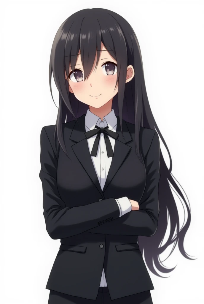 White background. A young japanese woman with black long hair. Wearing a black blazer with a bowtie. Her direction is to right side. She cross her arms. Anime style