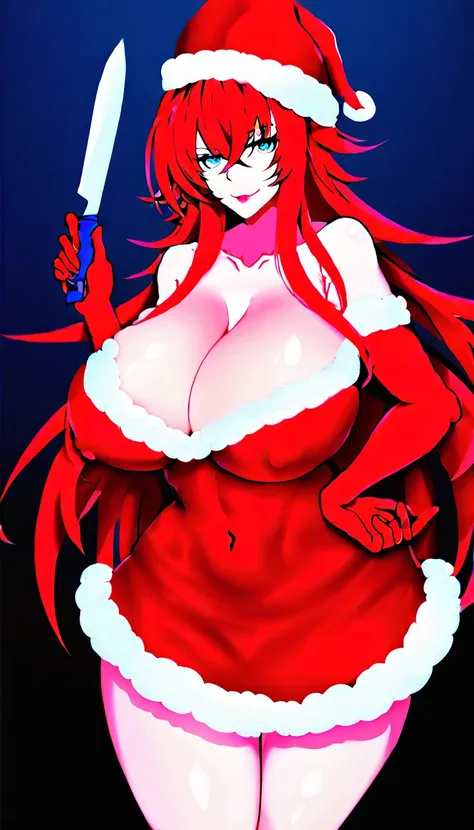 a cartoon of a woman wearing a Santa Claus hat with a knife, on pixiv, Oppai, pixiv 3dcg,  seductive anime,  cleavage,  covered breasts and sfw , pixiv, by Shitao, biomechanical Oppai, v de devil may cry como um elfo, classificado como top on pixiv, Rias g...