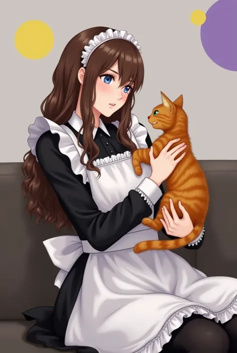 young woman with long, wavy brown hair is sitting on a couch, holding an orange tabby cat in her arms. She is wearing a black and white maid outfit with lace detailing and is looking affectionately at the cat. The background features a minimalistic design ...