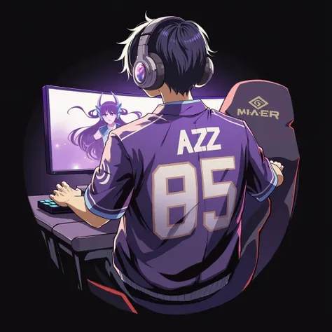 A gamer playing game sitting on a gaming chair wearing a purple jersey with numbers 01 name azz on the back of the jersey cover in galaxy color fire like aura 