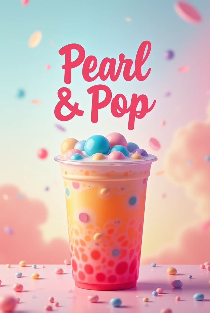 Creat a banner tittle pearl & pop.  Boba  which includes pearl & boba drink in background and font tittle name is pearl & pop 