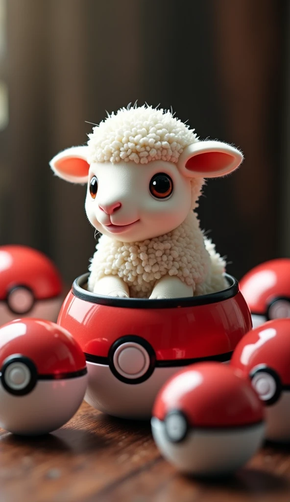  An ultra realistic baby sheep ,  small and extremely cute ,  with soft and bulky fur ,  is inside an open Pokéball ,  that rests on a table .  The cub has large, expressive eyes , filled with tenderness ,  with a small and delicate snout .  Its wool is wh...