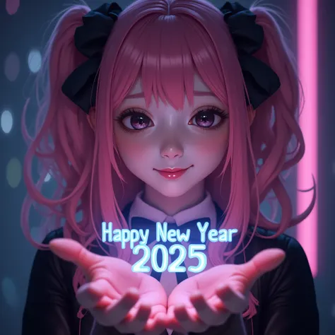  A futuristic 3D hologram of a shiny logo on the palm of a person,The logo says  "Happy New Year 2025.", vibrant colors , High-tech atmosphere ,detailed hands, sci-fi aesthetic ,(happy,smile), soft lighting ., The scene is realistic and beautiful , highlig...