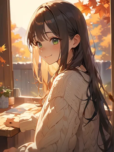  One Girl 、 thoughtful expression、 bright green eyes 、Wavy long hair、Cozy sweater、 Relaxed Posture 、 glowing skin 、 smiles、 Cute Freckles Blake Golden Hour 、( soft focus):1.3、 warm shades、Long Shadows、 Sparkling Highlights 、Nostalgic atmosphere 、painterly ...