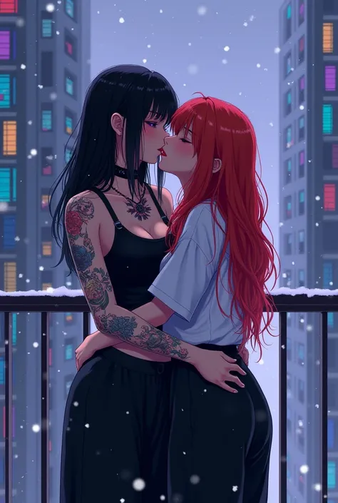  One girl with black straight hair to her shoulder blades with a curtain in a black top with harnesses ,  tattoos on her neck and all over her left arm , on the side, on the back,  on her chest ,  in black wide pants, he kisses the second girl with red wav...