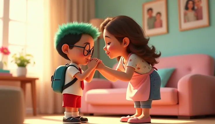 
A close-up 3D Pixar animation-style illustration showing Owo and Bunda in a cozy pastel-colored living room. The view focuses on their upper bodies, capturing Owo, an  boy with a cute and nerdy yet cute appearance, leaning forward slightly as he respectfu...