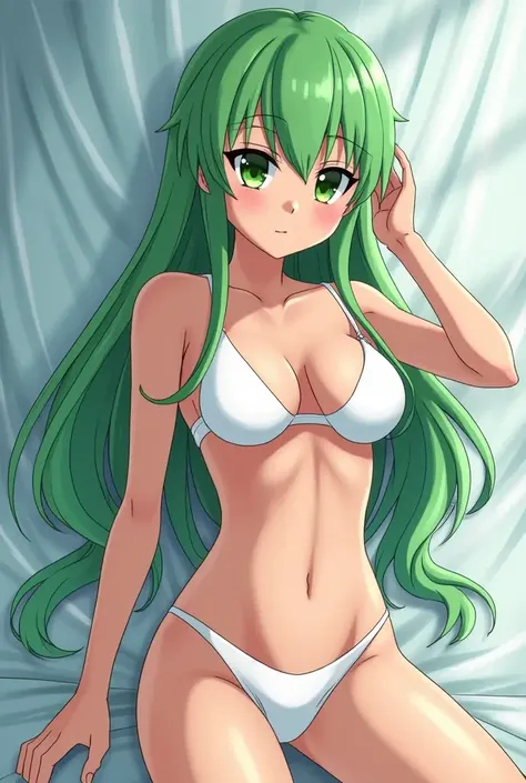 Generate an anime girl with green hair completely naked 