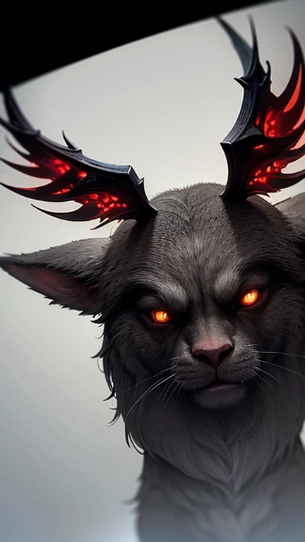 A realistic fantasy-horror movie with a strong focus on contrasts between light and shadow. The scene features a demonic Krampus, depicted in intricate detail with a white, wild beard, glowing red eyes, and twisted horns. His tattered red-grey suit is worn...