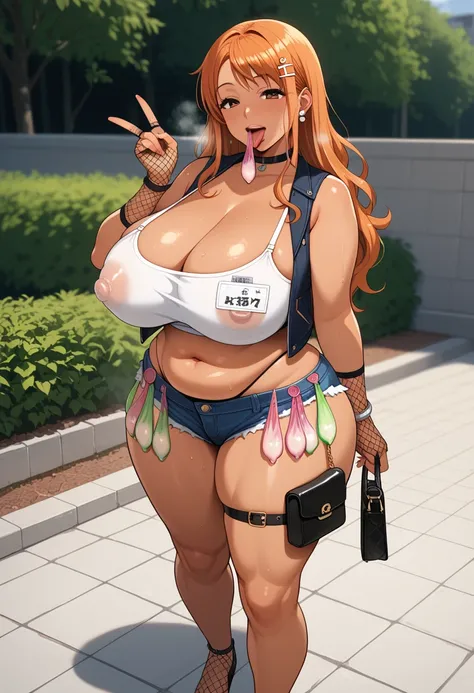 score_9, score_8_ up, score_7_ up,  Source_Anime, Alone,  1 girl, Plump Erotic Lips ,Thick lips, Erotic tongue , open your mouth,Sakura Haruno,Nami,Orihime Inoue, conceited , hairpin,  bracelet ,Mesh gloves , brown skin, oily skin ,Dark Skin, Black women, ...