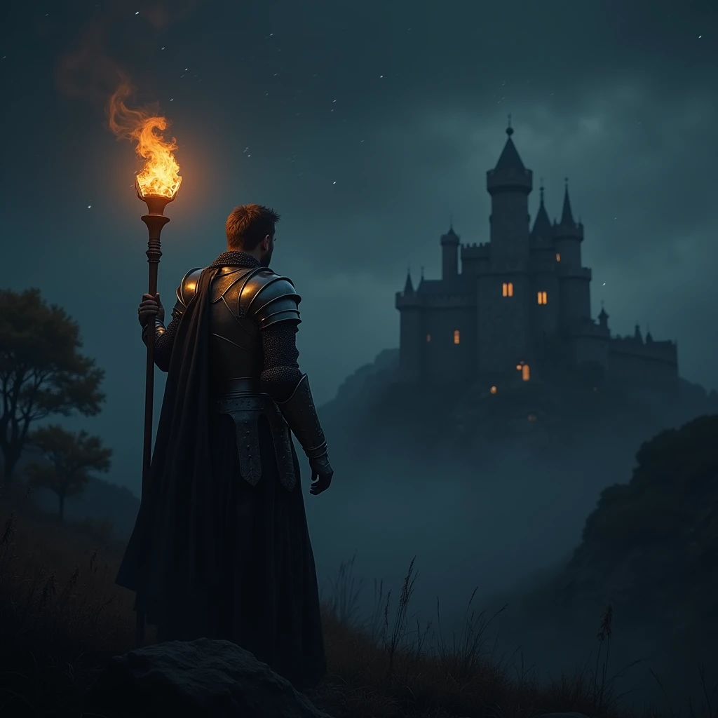 A knight with a torch looking at a distant castle on a dark night