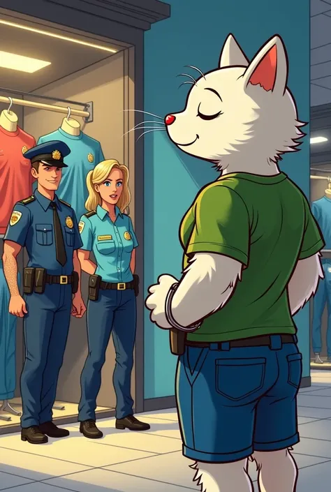 In a pixercartoon style"A police car pulls up outside the shirt store. Two police officers, one male and one female, exit and rush into the store. Ben, the strong muscular fitt muscular cat with white fluffy fur, wear green t-shirt and blue shorts watches ...