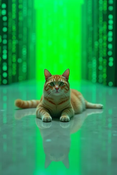 Create a realistic macro photo image of a cat lying on the floor with its paws forward, the floor is bright and shiny, the setting is green Matrix with the numbers descending 