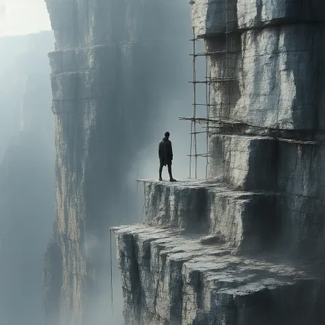 High cliff 、 The scaffolding is so narrow that one person stands on tiptoes and is at the last minute、 it seems like Im falling off the cliff even now 、 My legs swell when I look down 、 RAW photos 、 super detailed images 