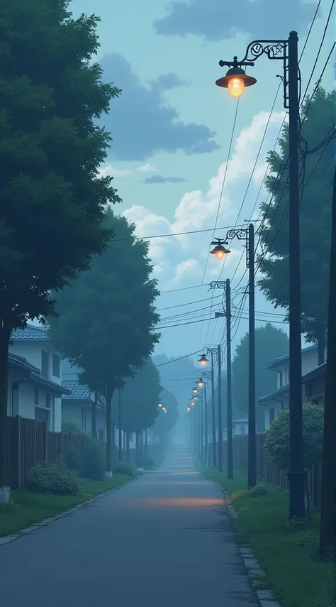 An empty street on a cloudy day, with trees and two light poles, in the style of Japanese countryside streets, anime style.