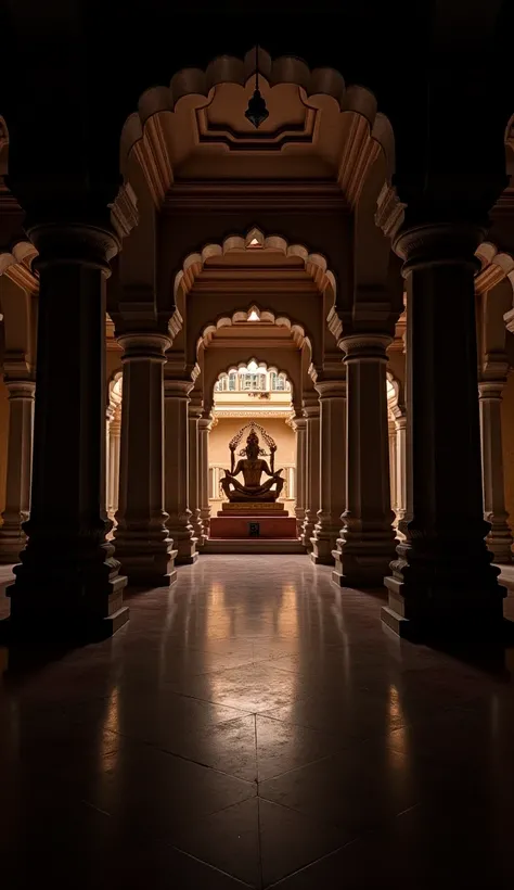 Empty vishnu hindu temple indoor in night, no artificial lights, no natural light. In a dark  festival mode, no people. I want to use it as portrait background. Give resolution 9:16. Add oil vizhaku in stone walls too. 