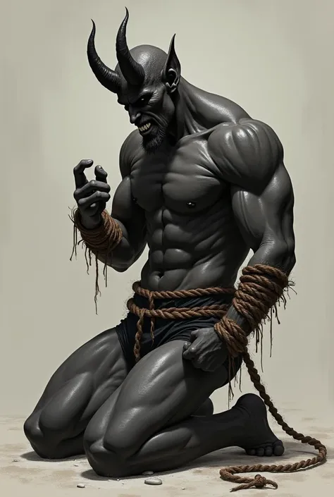 high res, masterpiece, best quality , male, muscular dark-skin devil, kneeling, wearing black thong, long pointed ears, drenched in sweat, arms up, bound by rope, 