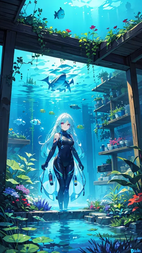 masterpiece, best quality,
hydrotech,BiophyllTech, beautiful (woman:1.2) diver wearing colorful dive suit, exploring utopian under water organic garden, bioluminescent, tropical fish, sea plants, vibrant colors, neon lighting, scifi utopia enviroment,