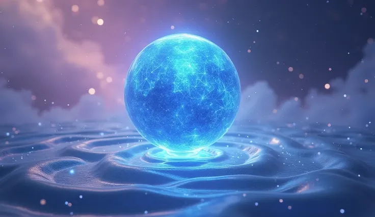 A sphere of blue energy floating in the air ,  surrounded by fluid geometric patterns that represent the mind in transformation.  The background is a mix of purple and silver colors , creating a dreamlike and magical atmosphere.  Small lines of light conne...