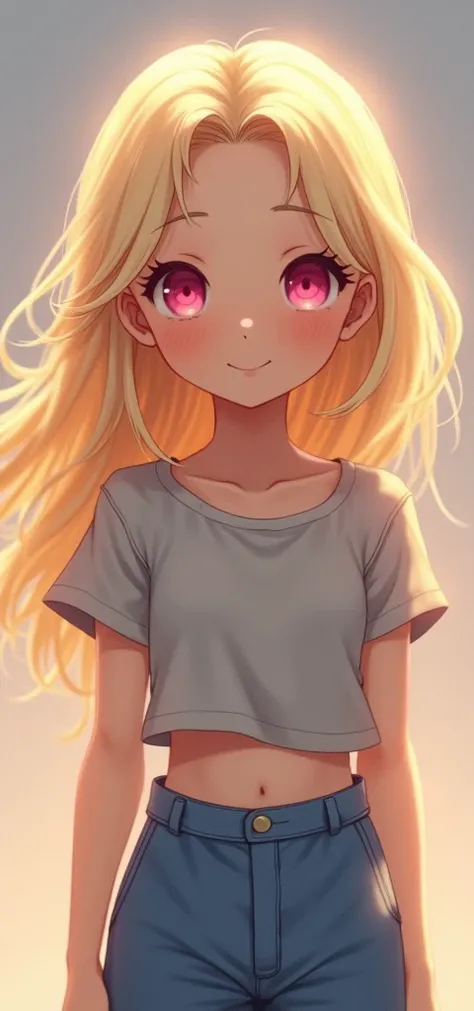 Girl, blond hair, pink eyes, bellyfree, wavy hair, short blue trousers, grey shirt, bellyfree, teeny, dreamy smile, beautyful body, beatyful face, look at the camera, pink shirt, blue trousers