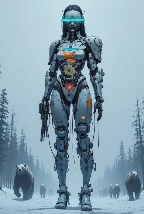 A towering 2-meter tall cybernetic woman stands on the icy surface of Lake Baikal, in a Russian cyber-village, surrounded by birch trees and pines. Her body is an extraordinary fusion of chrome and bio-glass, glimmering under the faint glow of a dim, icy s...