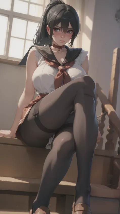 1 girl, sitting, short hair, black hair, thigh highs, from below, embarrassed, pouty lips, dimly lit room, bedroom scene, tied up (with ribbon), masterpiece, best quality, uncensored