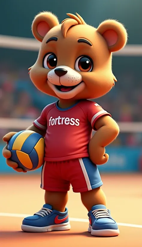 Beautiful mascot , little bear, sportsman, tender, smiling,  big, expressive eyes , and 3D,  hyperrealistic,  dressed in volleyball shorts and t-shirt, COLORS; red, negro, white.  Name on the t-shirt  "fortress", de cuerpo entero,  posing as a true champio...