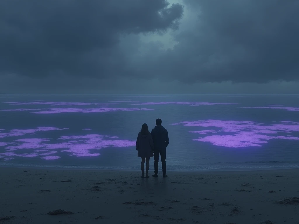 sous un ciel sombre, un couple regarde sur une plage grise, un mer calme avec plusieurs tâches lumineuses de couleur violette sur toute la surface de leau