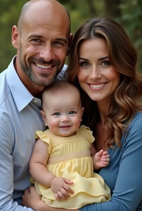 "a handsome man, bald,  with a smile filled with tenderness , Hold an enchanting 8-month old in your lap , Branquinha, blonde,  with bright blue eyes , dressed in a delicate little yellow dress. Next to them, A Stunning Woman,  with wavy brown hair ,  wear...