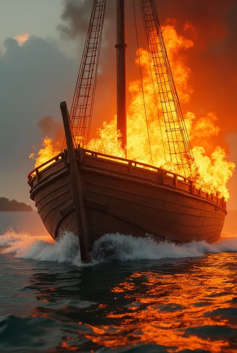 A big wooden frame boat was on fire and someone helped.