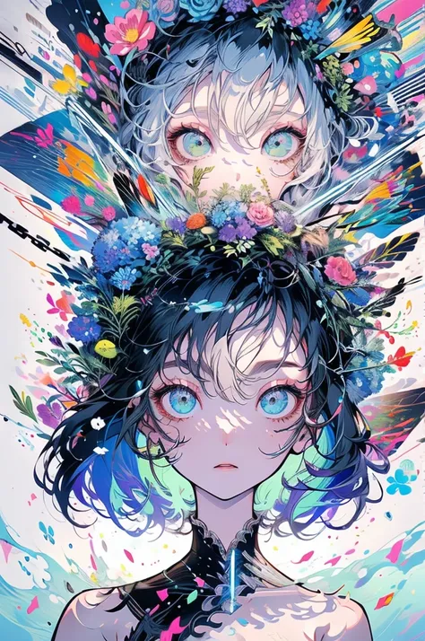 A girl wearing flowers，simple costume，whole body，Cool colors，Sense of Space，cure，Big scene， Beautiful digital art work, Beautiful digital illustrations, Beautiful digital painting, Beautiful two-dimensional illustration 