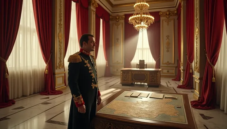 A cinematic still frame inspired by a Nouvelle Vague historical drama, set during the Second French Empire. The scene features the ruler of a nation, an imposing and charismatic figure, standing in a grand imperial hall adorned with opulent decorations ref...