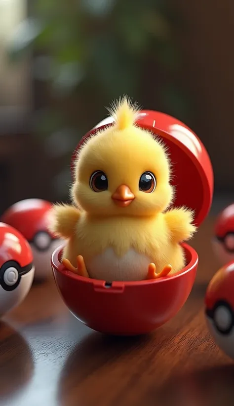  An ultra-realistic chicken calf , SUPER CUTE, with soft and cuddly feathers ,  is inside an open Pokéball ,  that rests on a table .  The chick has big eyes ,  bright and expressive ,  with a small delicate beak and yellow and gold feathers ,  creating an...