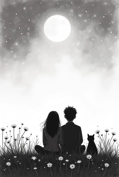 Pencil sketch of a silhouette couple sitting in a grassy daisy field looking up at the moon and stars with cat sitting next to them 